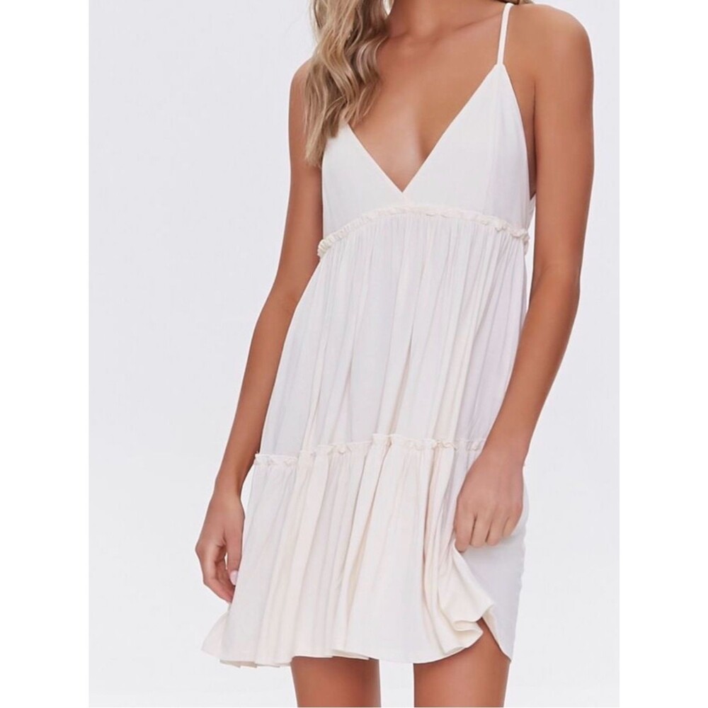 NWT Cream Tiered Ruffle-Trim Babydoll Mini Dress Flowy Feminine F21 Size Small